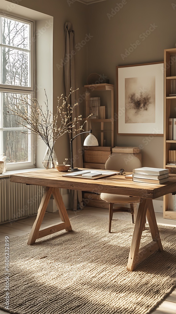 Serene Study Room: Natural Light Flows Across a Wooden Desk Adorned with Books and Floral Accents, Creating a Calm Workspace.