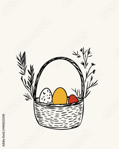 Line art stroke illustration of Easter egg basket with plants. Concept of Easter, spring, Christianity, salvation, resurrection, hand drawing