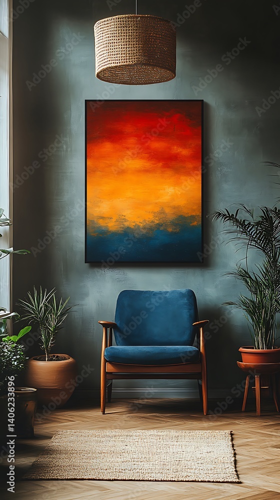 Stylish Living Room Interior with Abstract Artwork, Blue Armchair, and Indoor Plants for Home Decor Inspiration.
