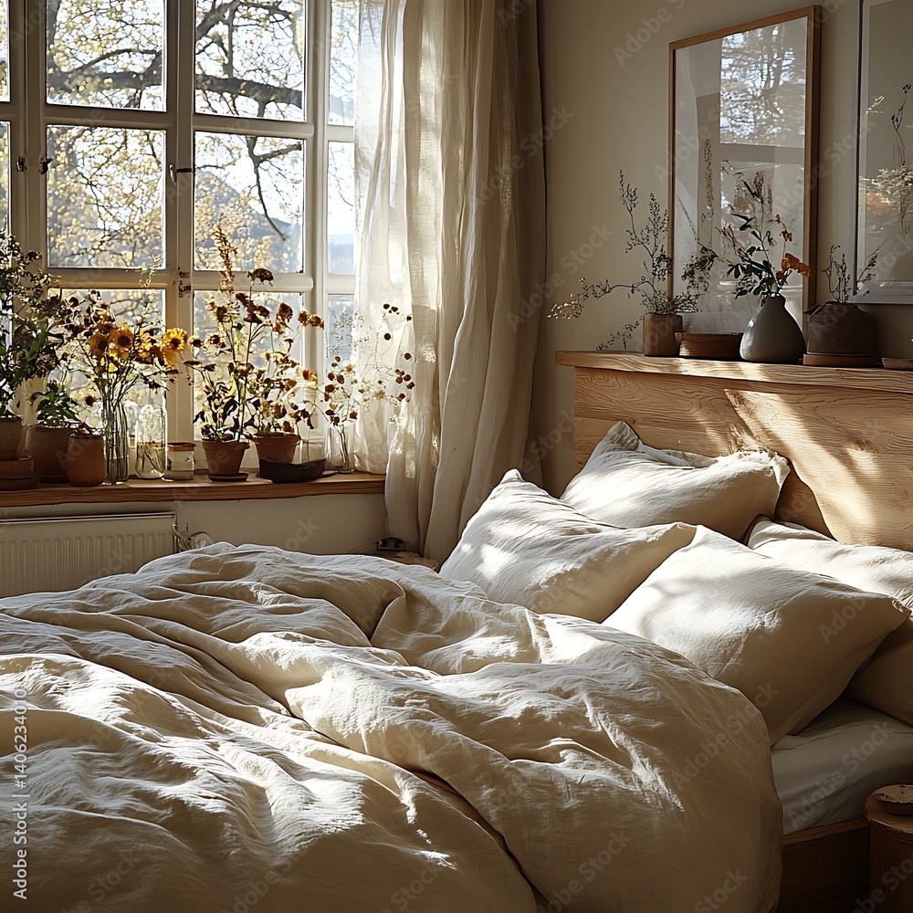 Sunlit Bedroom Retreat: Cozy Bed with Natural Light Streaming Through the Window, Featuring Plants and Neutral Tones Decor.