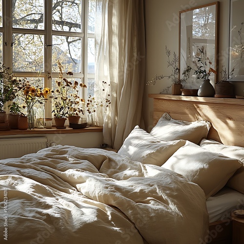 Obraz na płótnie Sunlit Bedroom Retreat: Cozy Bed with Natural Light Streaming Through the Window, Featuring Plants and Neutral Tones Decor. w salonie
