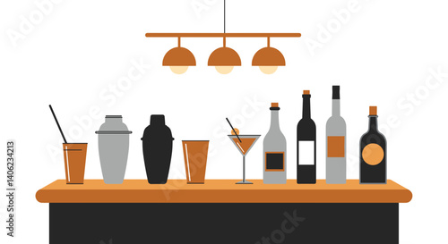 Minimalist bar counter with cocktail shakers and bottles in flat design  