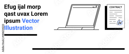 Minimal laptop and signed contract portray technology in digital documentation. Ideal for business, remote work, technology, security, legal processes, compliance, simple landing page