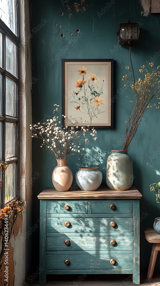 Sunlit interior featuring a weathered blue dresser adorned with vases of flowers and a framed floral artwork.