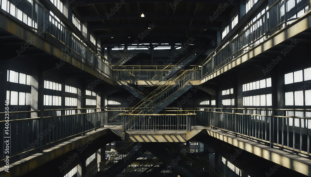 An industrial interior showcasing a modern staircase design, bathed in natural light from large windows. An industrial interior showcasing a modern staircase design, bathed in natural light from large windows.