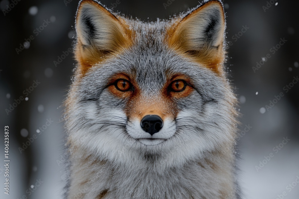 Obraz premium A striking, symmetrical close-up of a fox's face, against a snowy, blurred background. Winter
