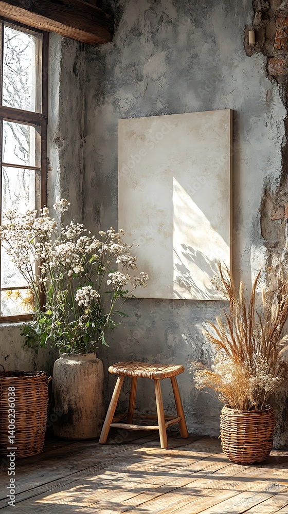 Sunlit Studio Nook: Blank Canvas, Wicker Accents, and Natural Textures for Bohemian Interior Design Inspiration and Serene Rustic Decor Elements.