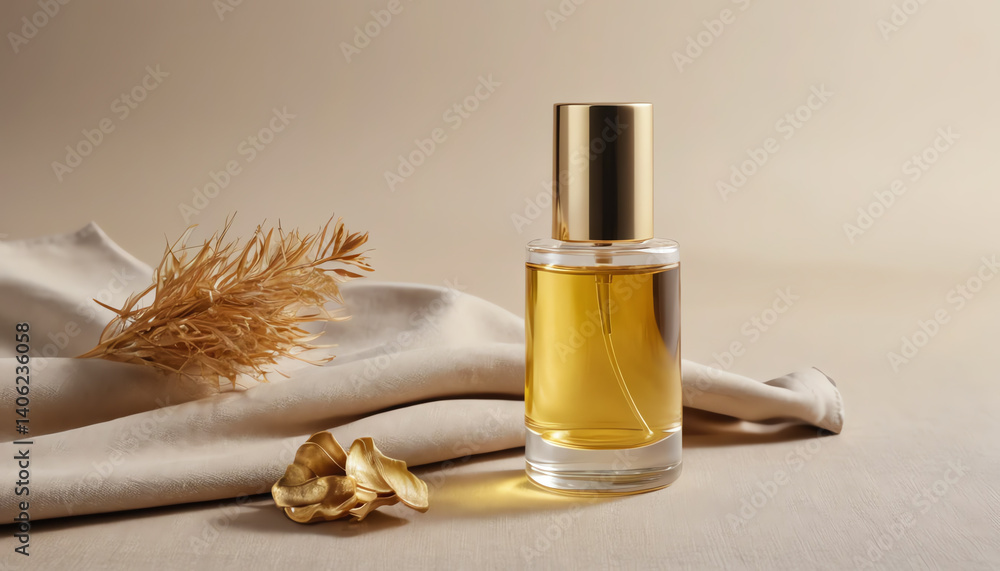 Fototapeta premium Elegant perfume bottle situated on neutral fabric, exuding luxury and sophistication, perfect for highlighting fragrance products.