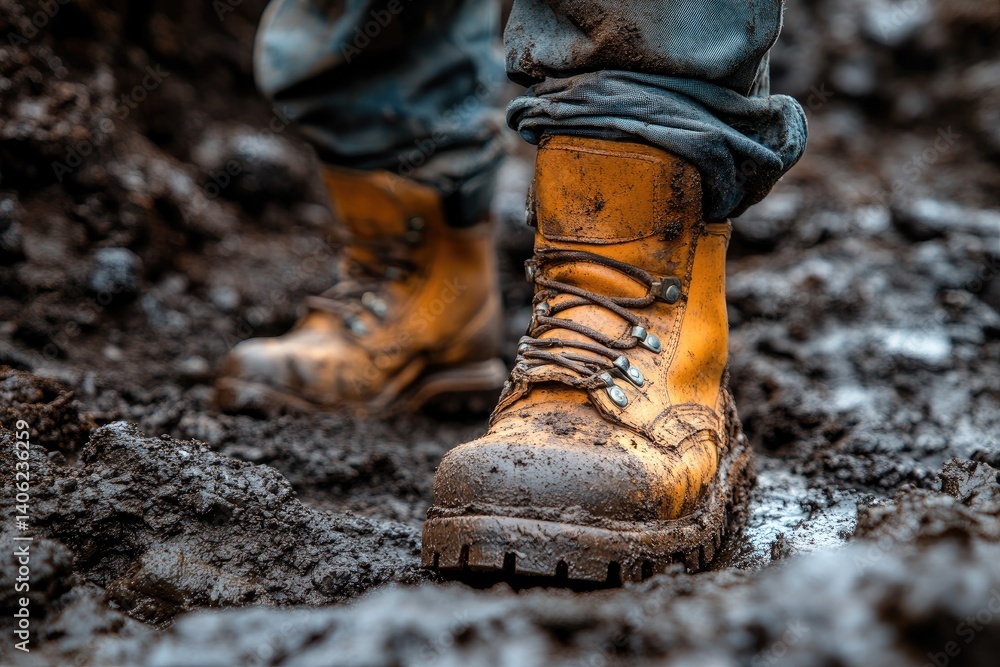 Boots covered in mud, standing on a dirty surface, showcasing rugged footwear and tough environment Boots covered in mud, standing on a dirty surface, showcasing rugged footwear and tough environment
