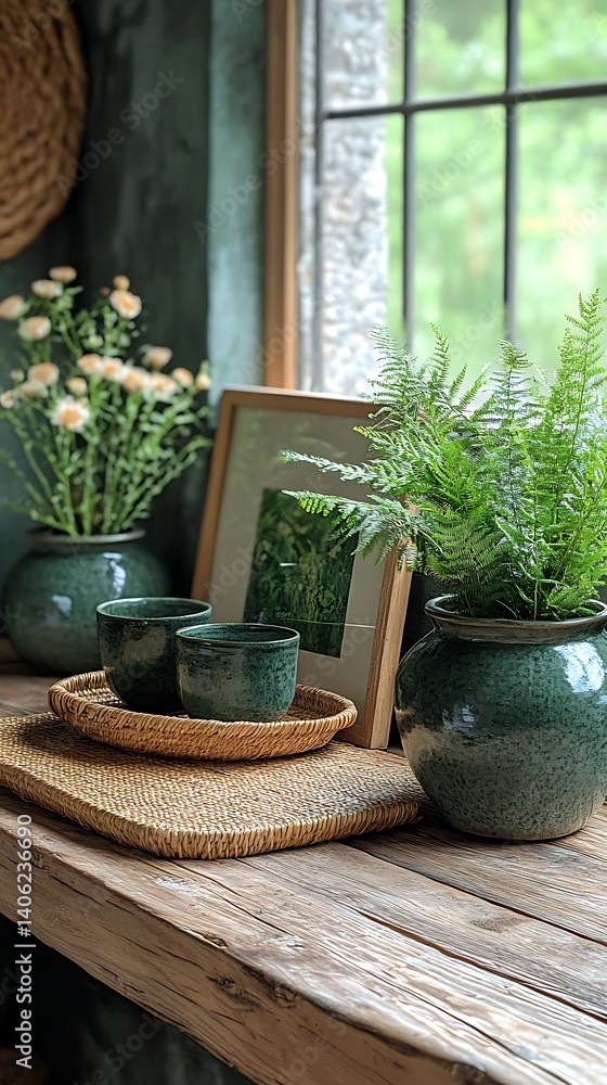 Tranquil Tabletop Still Life: Green Pottery, Floral Arrangement, Woven Tray, and Natural Light Interior Decor Photo.