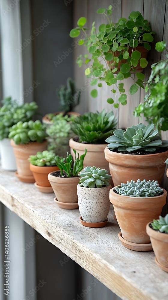 Variety of potted plants and succulents displayed on a wooden shelf create a peaceful and calming nature-inspired arrangement.