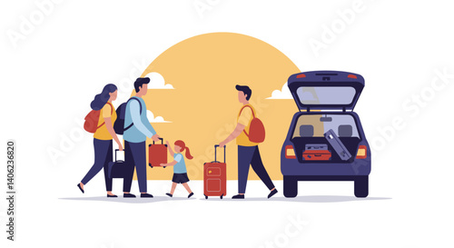 Family Loading Suitcases into Car at Sunrise  
