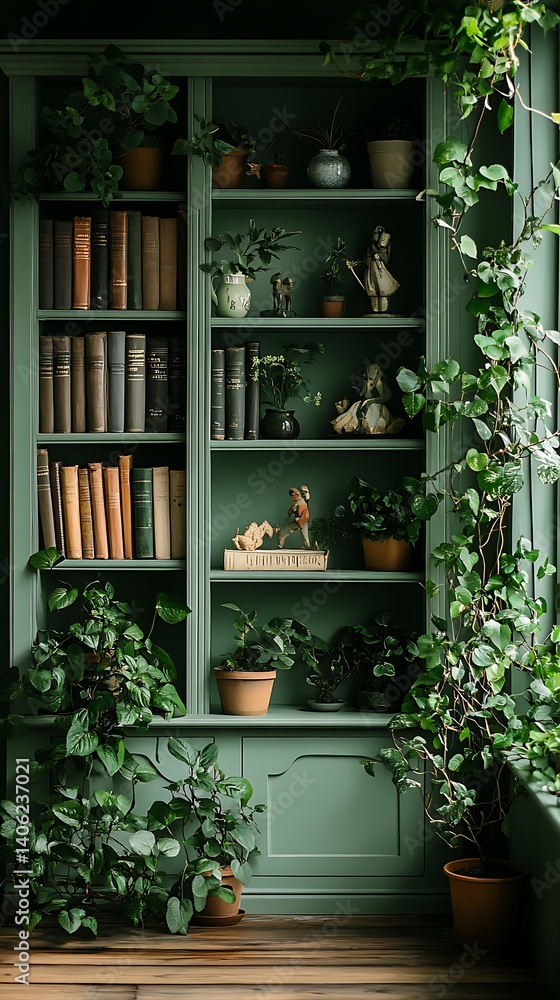 Verdant Bookshelf: A serene scene of vintage books, potted flora, and decorative objects within an elegantly painted built-in cabinet.