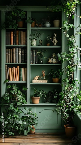 Obraz na płótnie Verdant Bookshelf: A serene scene of vintage books, potted flora, and decorative objects within an elegantly painted built-in cabinet. w salonie