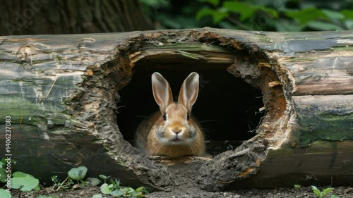 Curious Rabbit Peeks from Hollowed Log in Lush Forest Habitat, Showcasing Wildlife and Natures Beauty in Outdoors with Brown Fur and Serenity.
