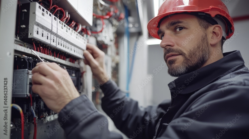 Electrician testing circuit breakers in a new building. Featuring electrical troubleshooting and construction Electrician testing circuit breakers in a new building. Featuring electrical troubleshooting and construction