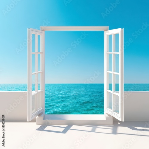 Tranquil Ocean View Through Open White Window Frame in Bright Daylight