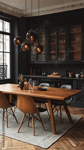 Obraz na płótnie Elegant Kitchen Interior with Wooden Dining Table, Contemporary Lighting, and Stylish Décor for a Modern Home. w salonie