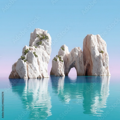 Serene Seascape with Rocky Islands and Calm Waters at Sunrise