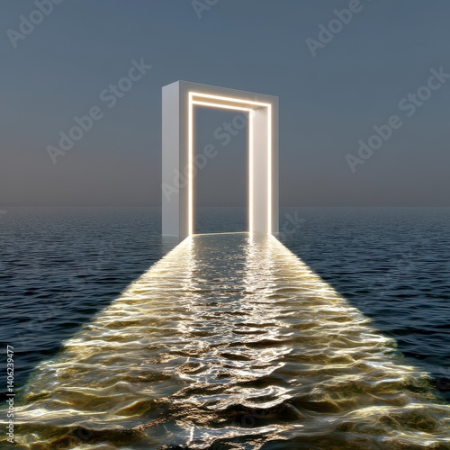 Illuminated Doorway Emerging from Calm Water at Twilight