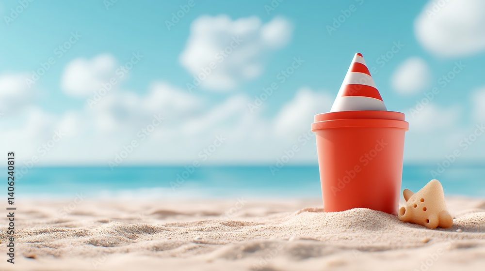 Red And White Striped Sandcastle Bucket On Sandy Beach Red And White Striped Sandcastle Bucket On Sandy Beach