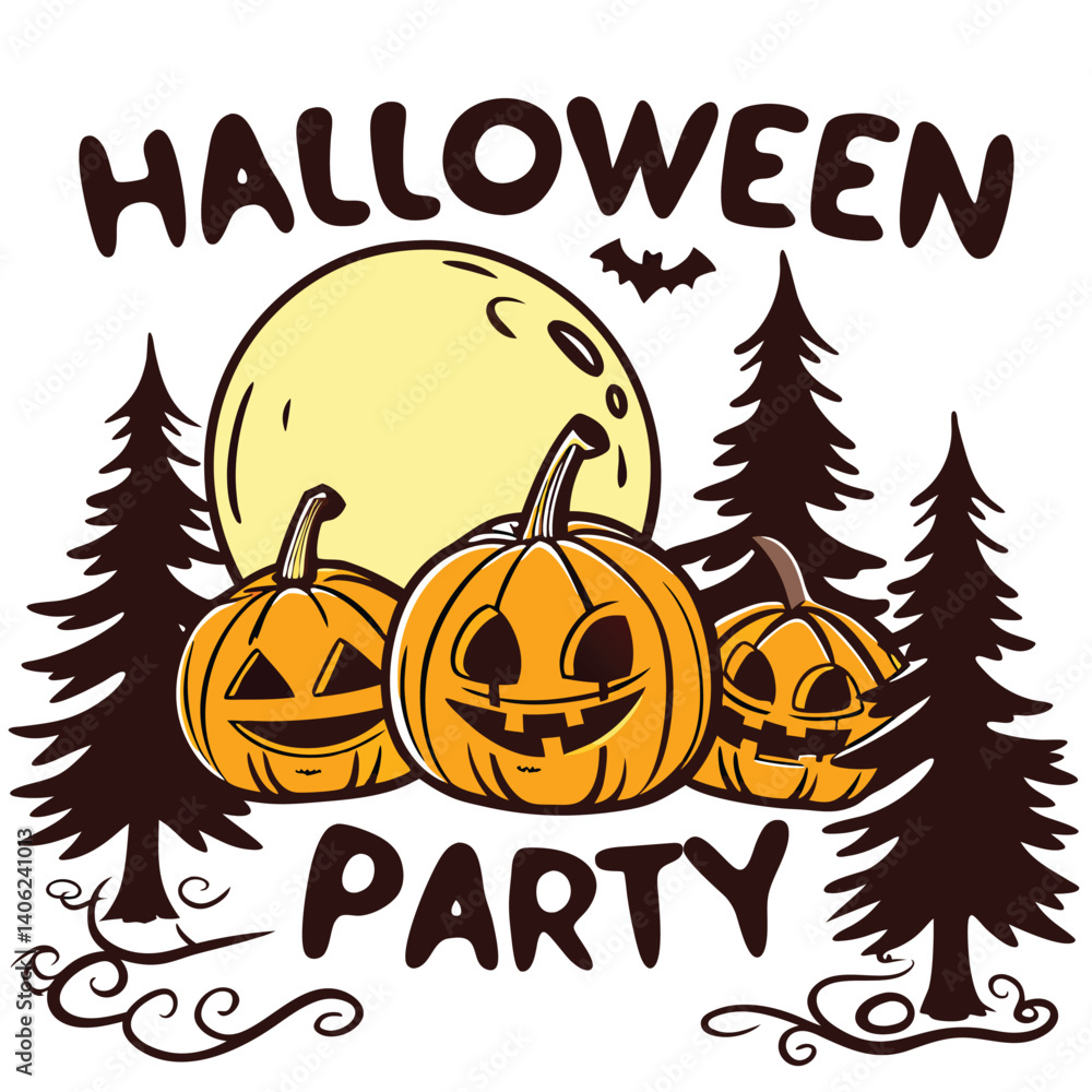 Spooky Halloween Party Vector Graphic With Pumpkins Full Moon And Trees Spooky Halloween Party Vector Graphic With Pumpkins Full Moon And Trees