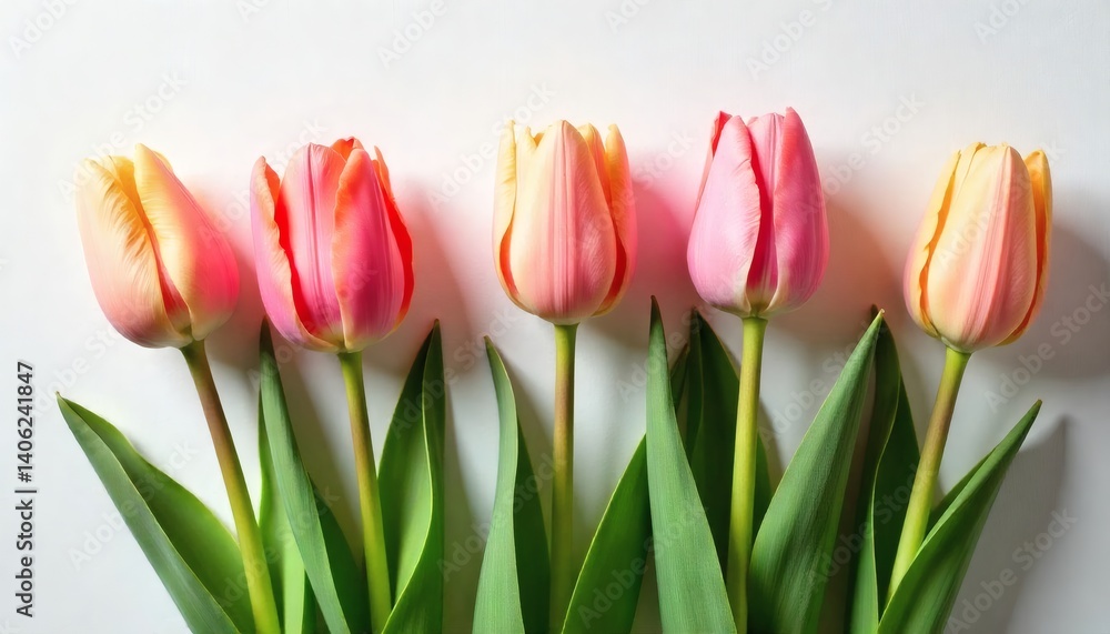 Fototapeta premium Cheerful spring tulips arranged in a line, creating a vivid border on white.