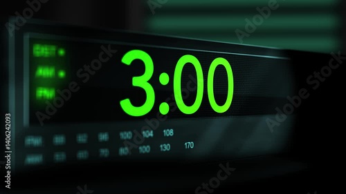 Camera pans across old digital clock as time arrives at 3 AM - Green Version
