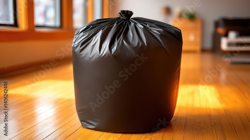 A black garbage bag rests in a sunlit corner, casting shadows on a warm wooden floor, perfect for text overlay.
