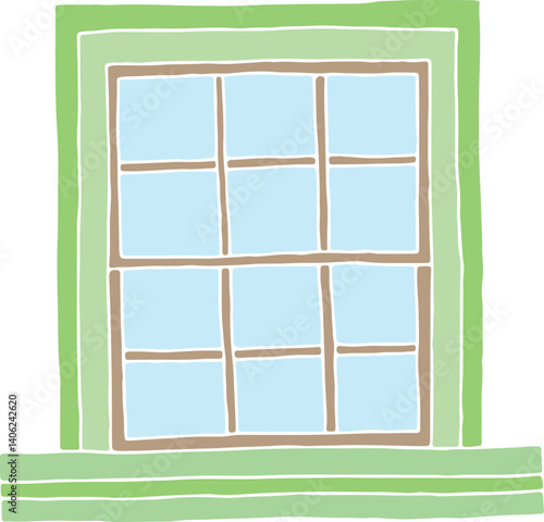 French sliding closed window in green shades with wooden framed window sill, hand drawn with curved black outlines
