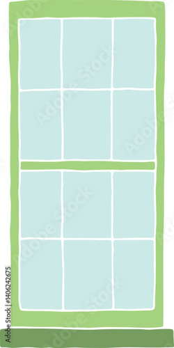 rectangular French high window in green shades with a small window sill, hand drawn with curved black outlines