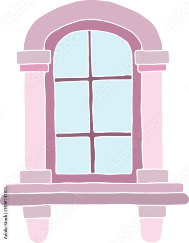 classic arched window in vintage style with two columns and a window sill with two decorative elements in purple shades, hand drawn with curved black outlines