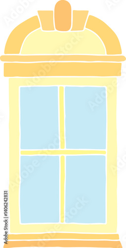 classic rectangular window with decorative arch in vintage style in shades of yellow, hand drawn with curved black outlines