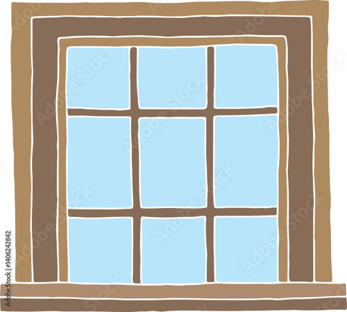 square french window in a frame with a window sill in a wooden frame, hand drawn with curved black outlines