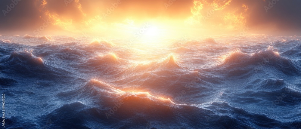 Obraz premium Ocean waves under warm light. Water surface with sea waves and a bright sunset in the background