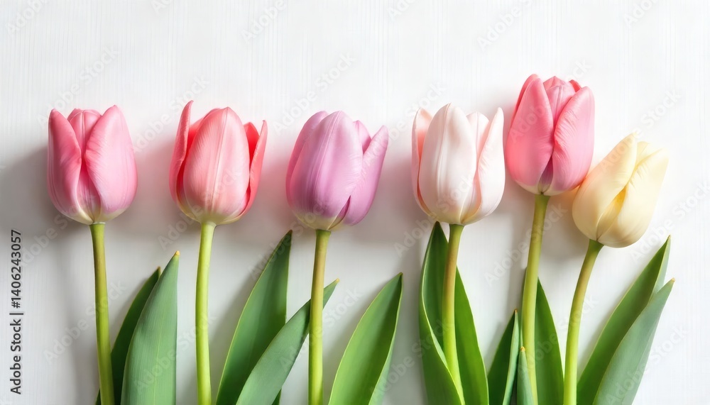 Fototapeta premium Row of blooming spring tulips, forming a vivid and cheerful border on white.