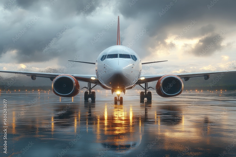 Naklejka premium Aircraft faces forward on rain-soaked tarmac, lights reflecting off the surface under a cloudy sky