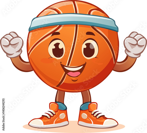 Happy basketball ball wearing headband and sneakers showing strength