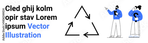 Recycling arrows triangle with two characters discussing sustainability and circular systems. Ideal for environment, education, teamwork, presentations, sustainability, awareness, simple landing page