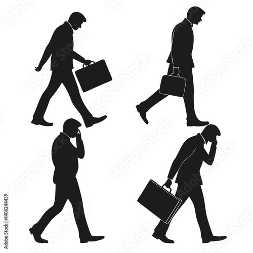 Silhouette Illustrations Of Sad And Stressed Business Man Walking Carrying Briefcase