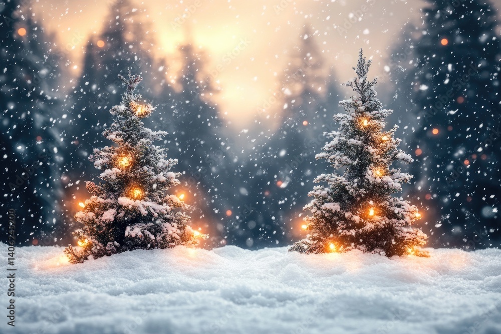 Snowy landscape featuring small lit trees in a forest during twilight with a snowy ground Snowy landscape featuring small lit trees in a forest during twilight with a snowy ground