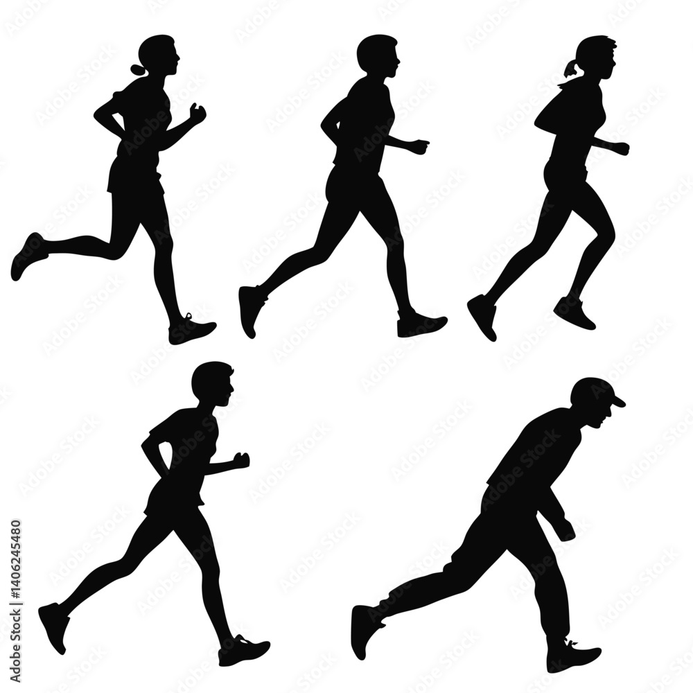Fototapeta premium Silhouetted People Running Marathon Athletes Jogging Outdoors Active Lifestyle Concept