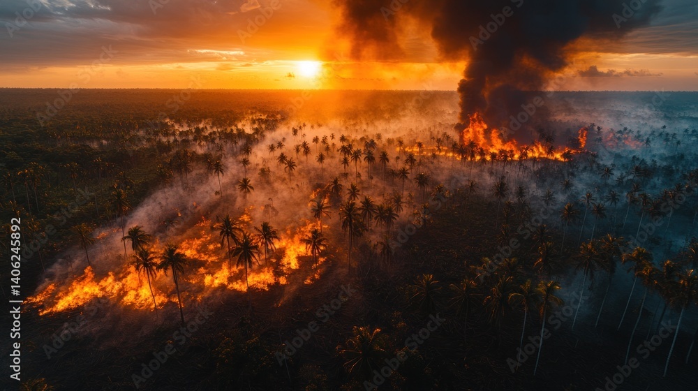 Fototapeta premium Inferno Sunset: Aerial View of a Devastating Forest Fire