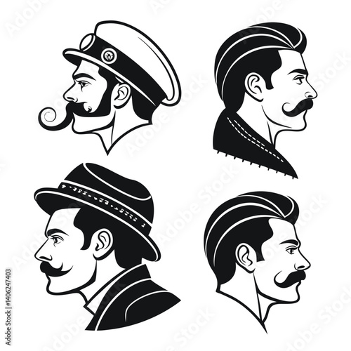 Collection Of Elegant Gentlemen Profiles With Moustaches And Stylish Hats In Black And White