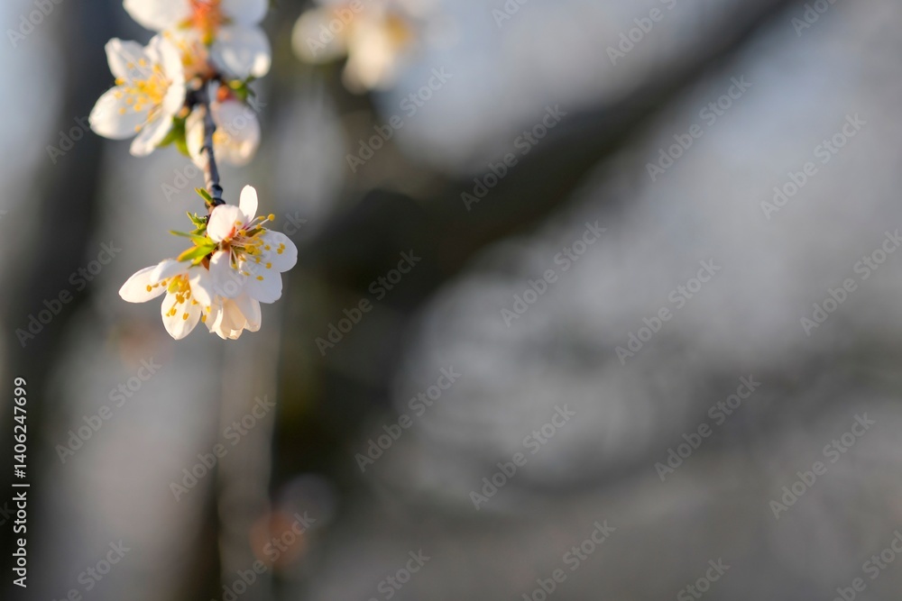Flowers on almond trees. Blooming almond trees in almond orchard. Concept of blossoming trees in spring. The concept of agriculture and orcharding Flowers on almond trees. Blooming almond trees in almond orchard. Concept of blossoming trees in spring. The concept of agriculture and orcharding