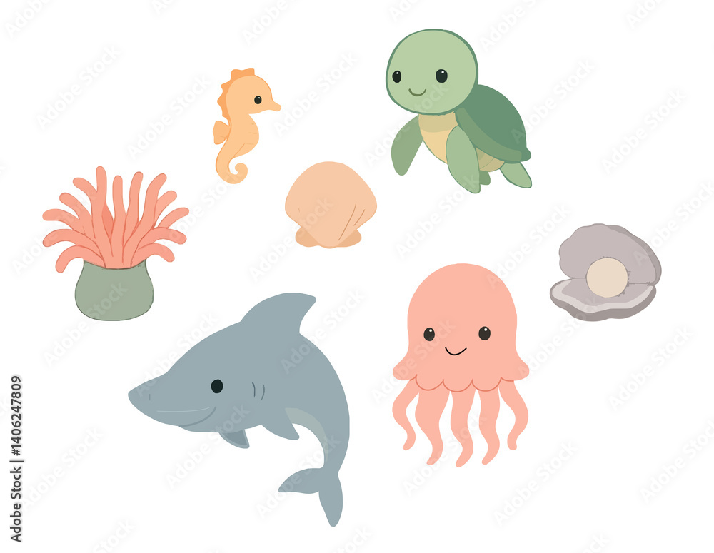 Kawaii Cute Underwater Creatures Icon Pack Turtle, Shark, Jellyfish Coral, Seahorse & Shells Clipart Sticker Sea Animals illustration Kawaii Cute Underwater Creatures Icon Pack Turtle, Shark, Jellyfish Coral, Seahorse & Shells Clipart Sticker Sea Animals illustration