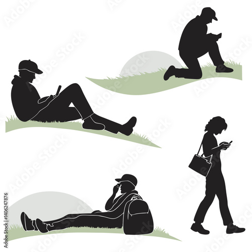 Silhouettes Of People Using Cellphones In Different Positions On Green Grass