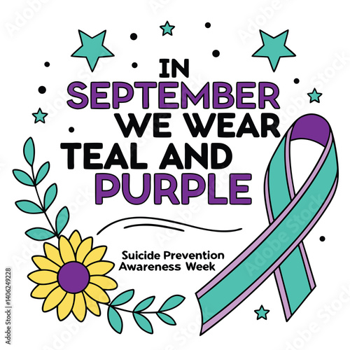 Suicide Prevention Awareness Illustration With Teal Purple Ribbon And Flower