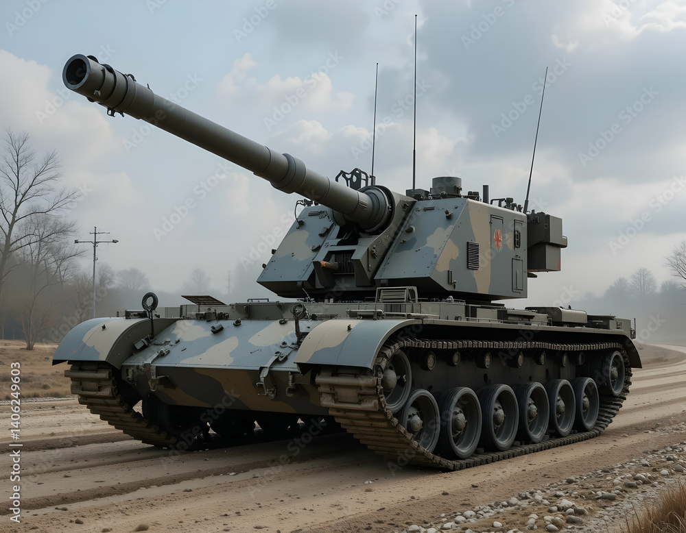 Military Tank on Dusty Road with Camouflage Design Military Tank on Dusty Road with Camouflage Design
