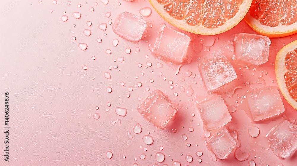 Fototapeta premium Half-sliced grapefruit with ice cubes and water drops on pastel pink background